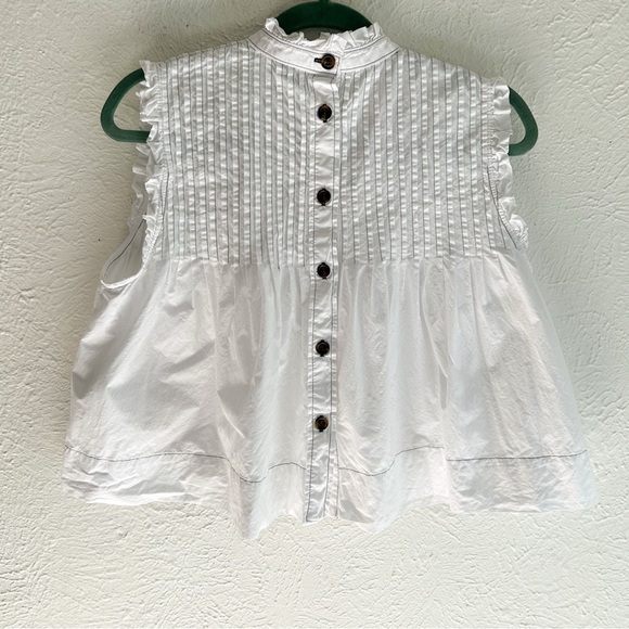 Ganni Poplin White Pintucked Ruffle Back Button Up Top Sleeveless Sz 38/6 - Picture 4 of 7